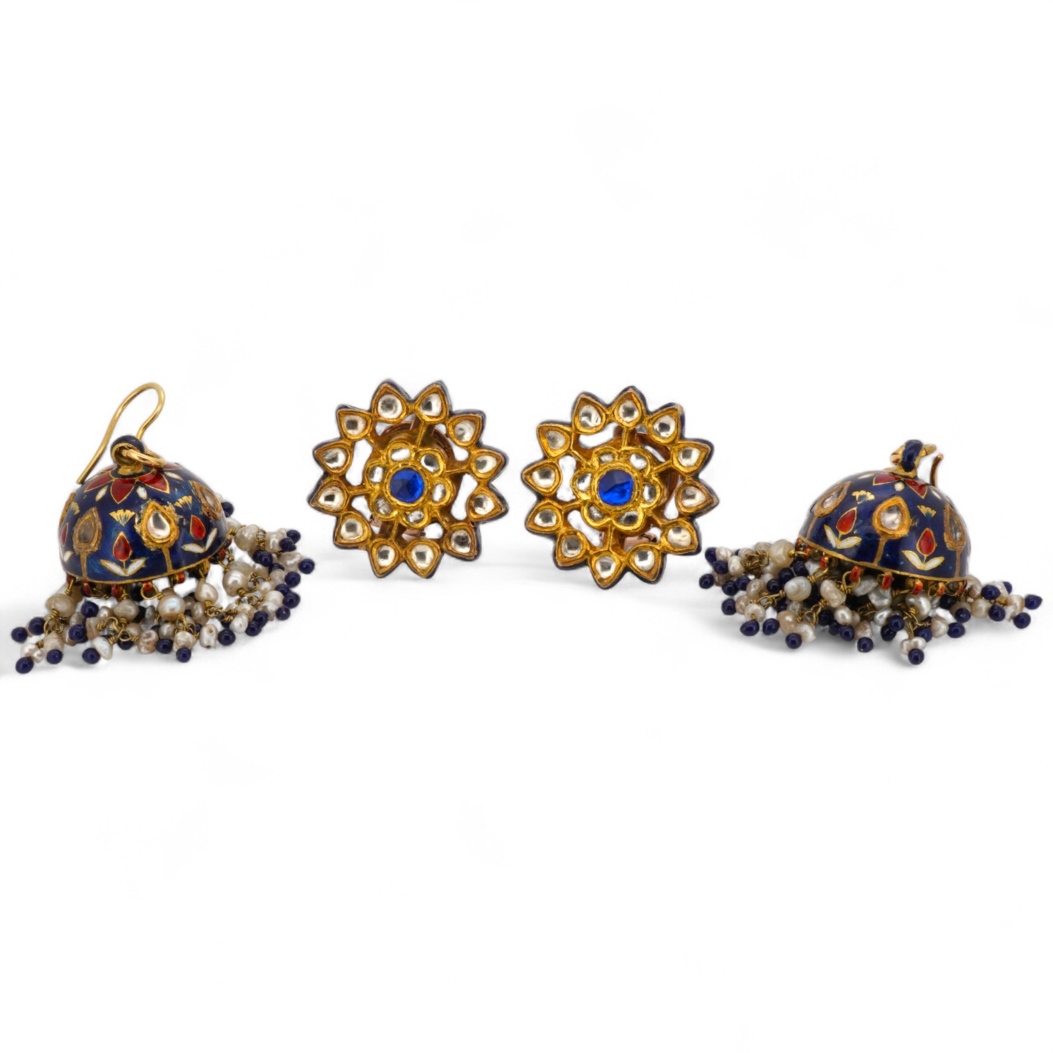 Two pairs of Indian enamelled earrings, comprising: one of chandelier design, set with rock crystals and applied with blue, white and red enamel, suspending a fringe of cultured pearls and blue and red pastes, length 5.1